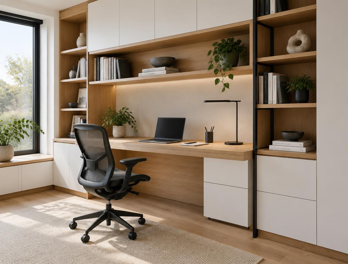 Home office planejado com bancada em madeira e armários brancos