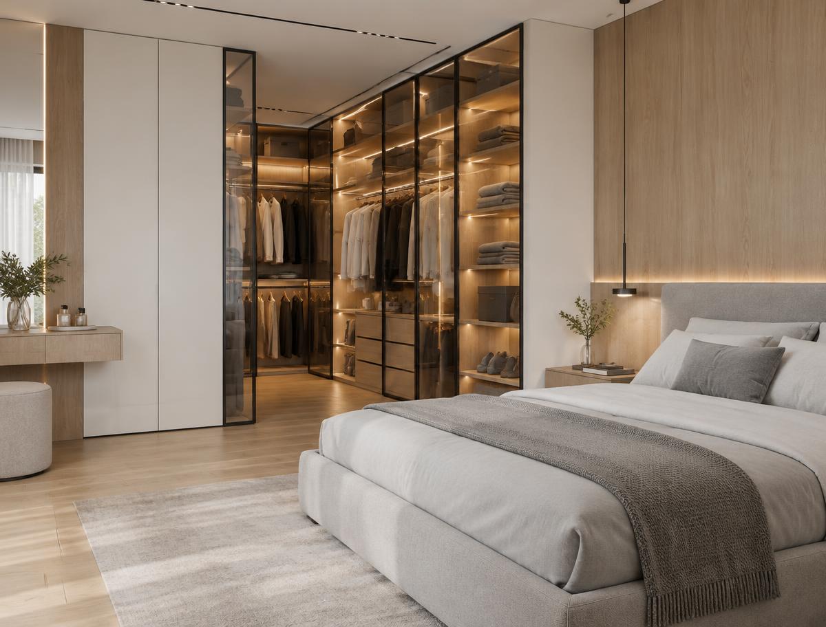 Quarto com closet planejado em madeira e portas de vidro com iluminação