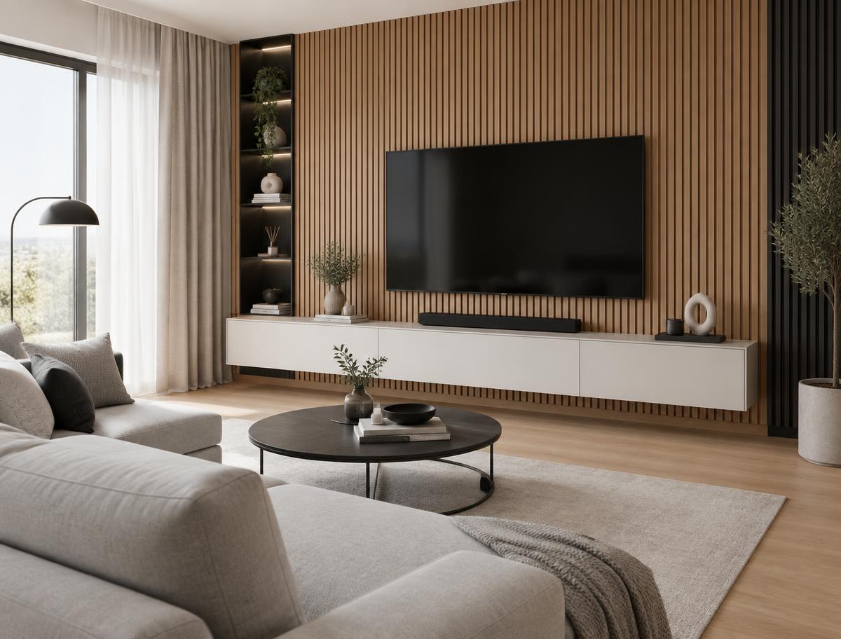 Sala com painel de TV ripado em madeira e rack suspenso branco