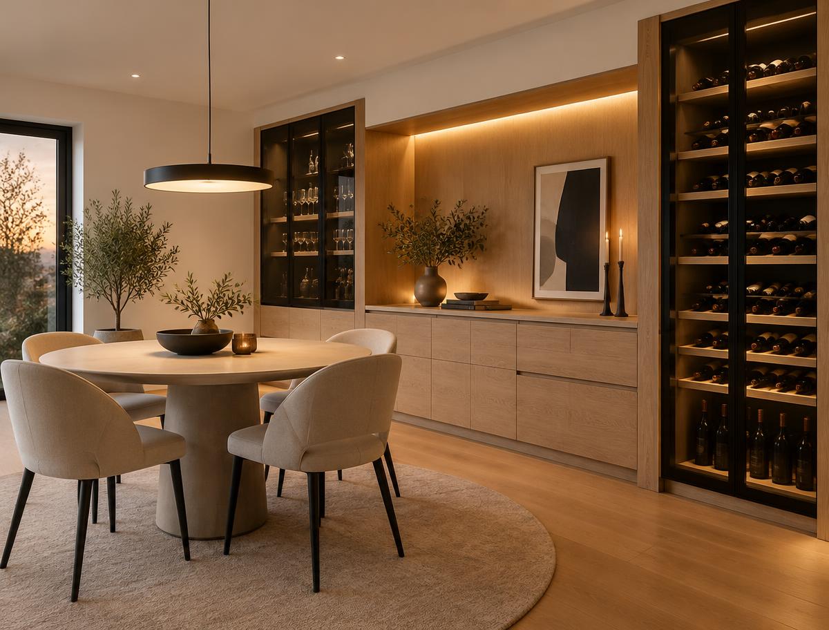 Sala de jantar com aparador e adega planejados em madeira natural